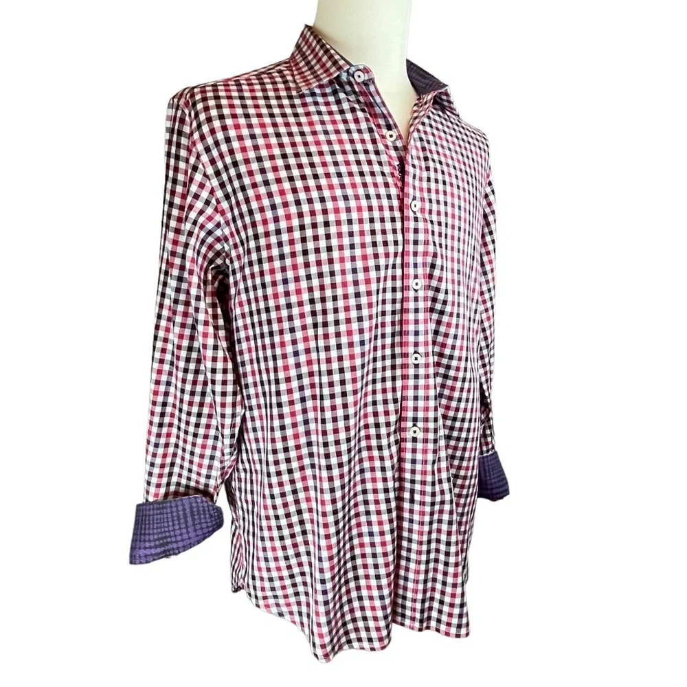 ROBERT GRAHAM Red Checked Gingham Shirt Men's Sz L‎ Fold Back Cuffs Long Sleeve - Picture 3 of 14